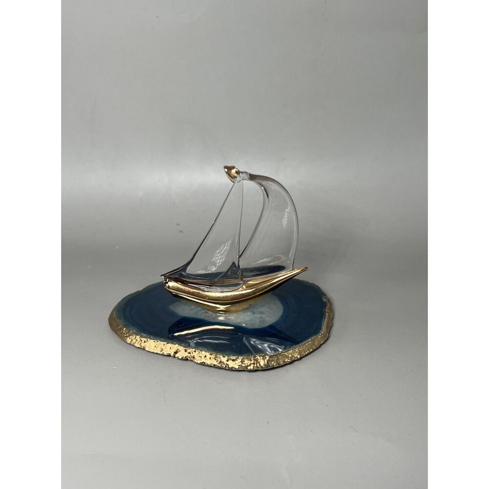 Glass Baron Sailboat Figurine Blue Agate Base Gold Trim Nautical Decor Gift